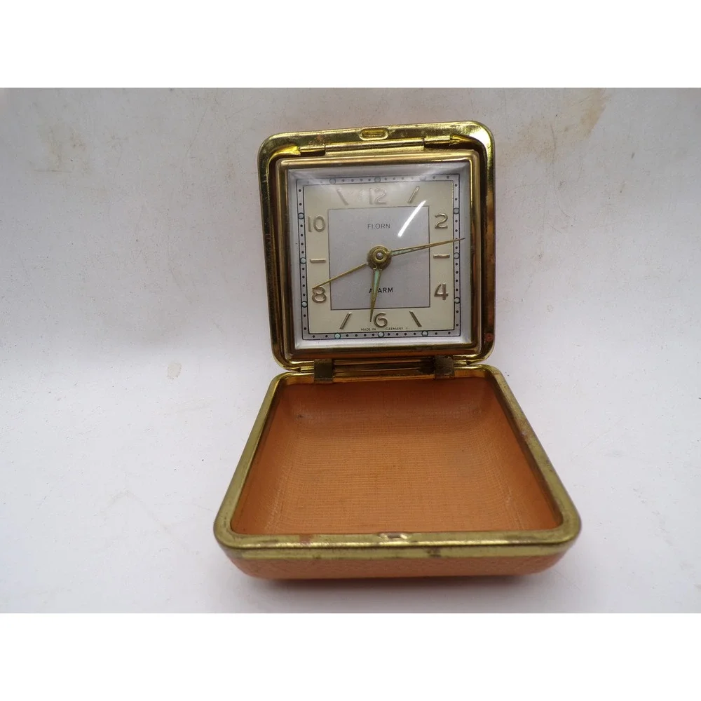 Vintage Florn Travel Alarm Clock West Germany Tan Case Mid Century Modern WORKS